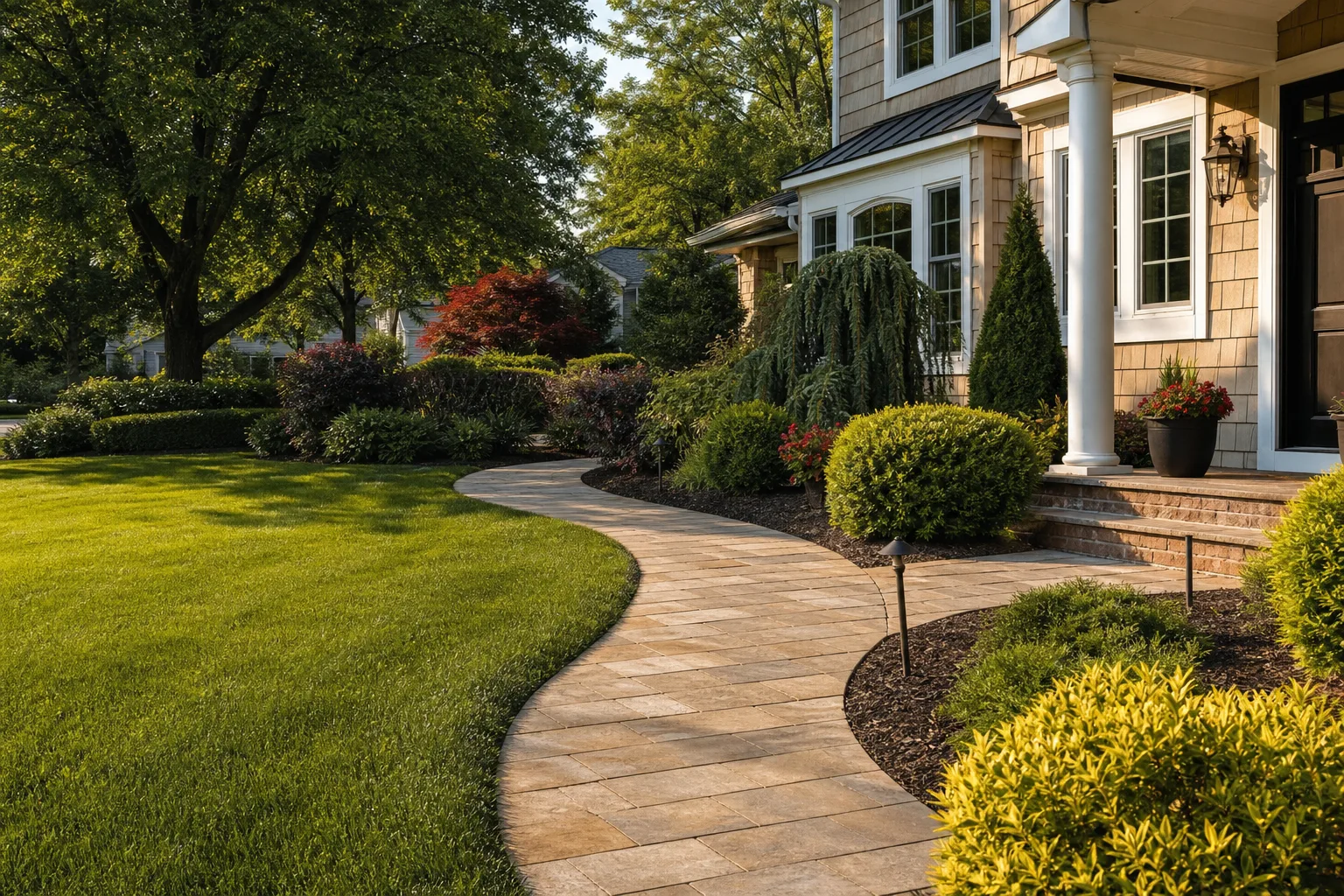 Front yard landscape with stone pathway and plantings