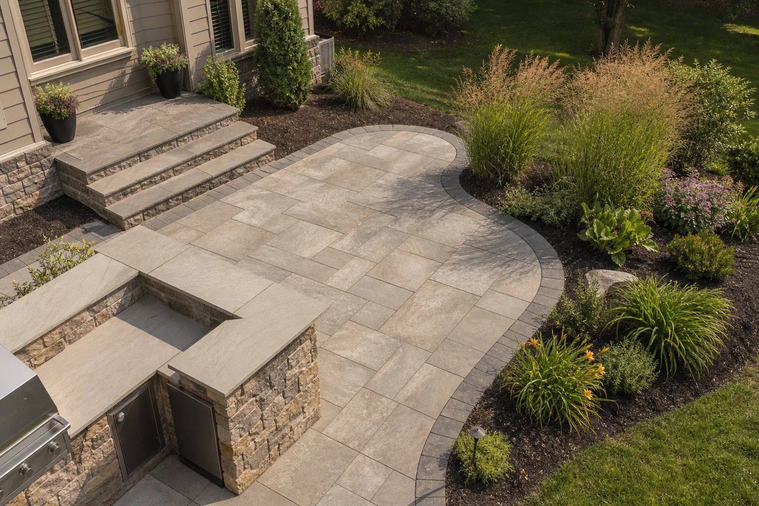 Overhead view of completed patio hardscape